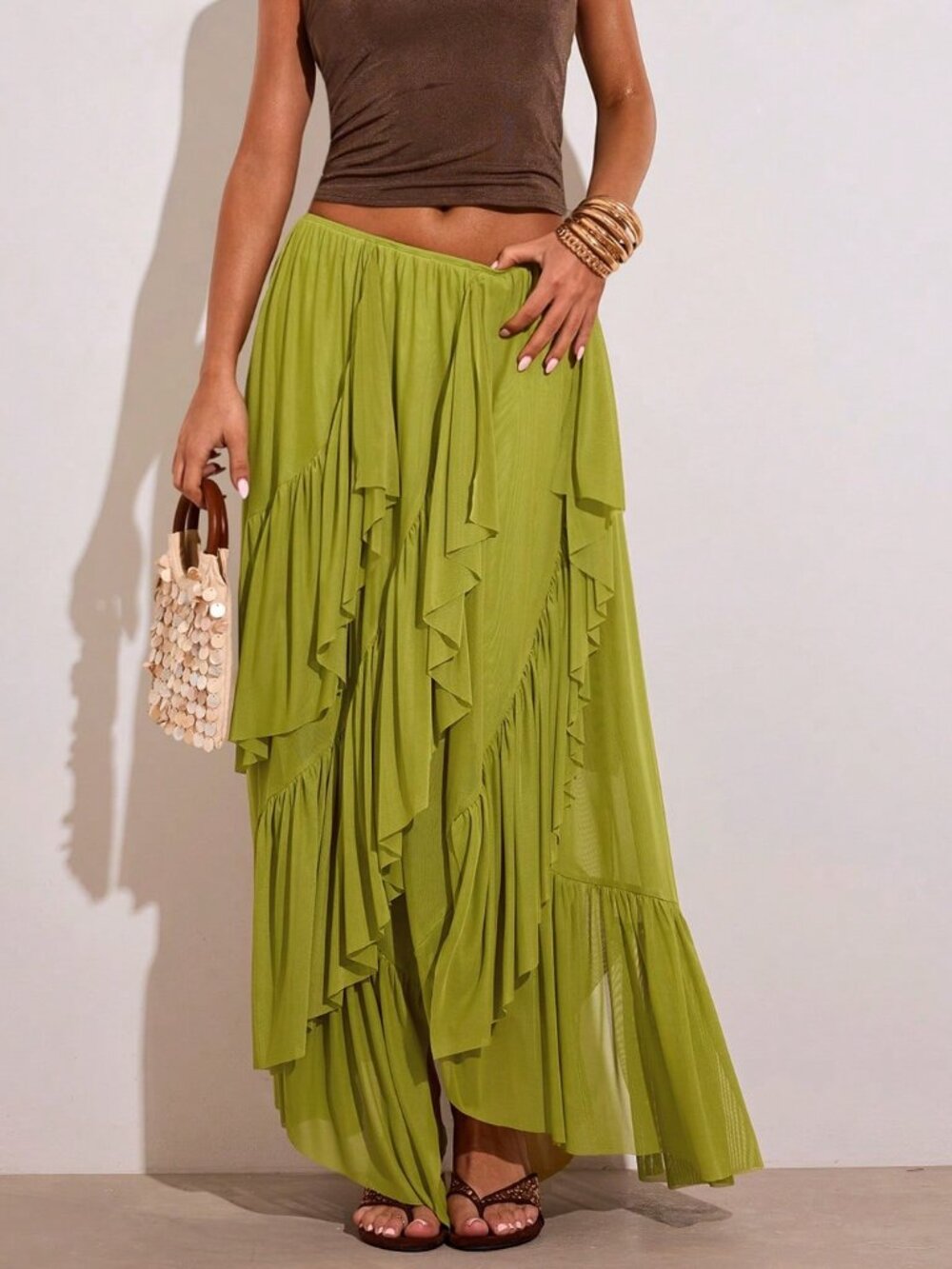 Green Casual Women's Asymmetrical Ruffled Hem Long Mesh Skirt